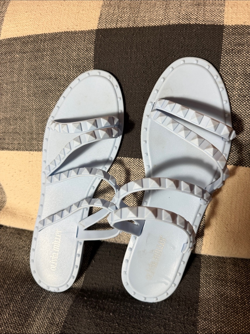 Olivia Miller Light Blue Pyramid-Stud Multi-Strap Slide Sandals